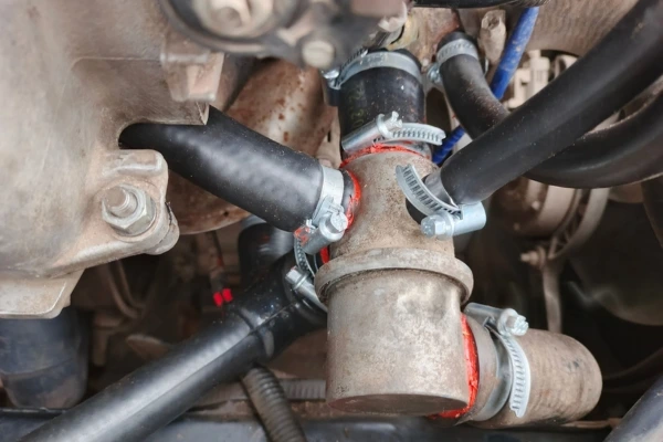 Engine-hoses-connected-to-Car-Thermostat-housing