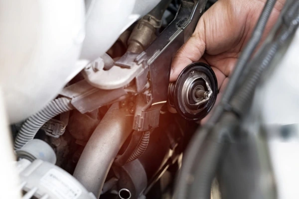 Hand-removing-Car-Thermostat-from-engine-bay